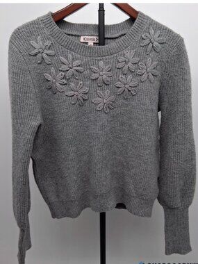 Nanette Lepore Gray Cable Knit Embroidered Floral Sweater Crewneck Crop Medium M